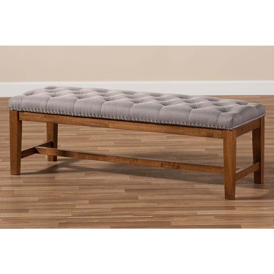 Grey Fabric Upholstered Walnut Finished Solid Rubberwood Bench. Picture 7