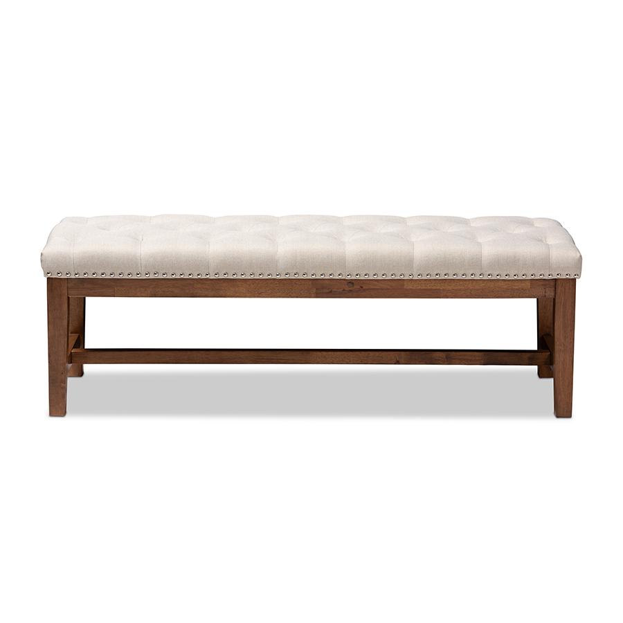 Ainsley Modern and Contemporary Light Beige Fabric Upholstered Walnut Finished Solid Rubberwood Bench. Picture 4