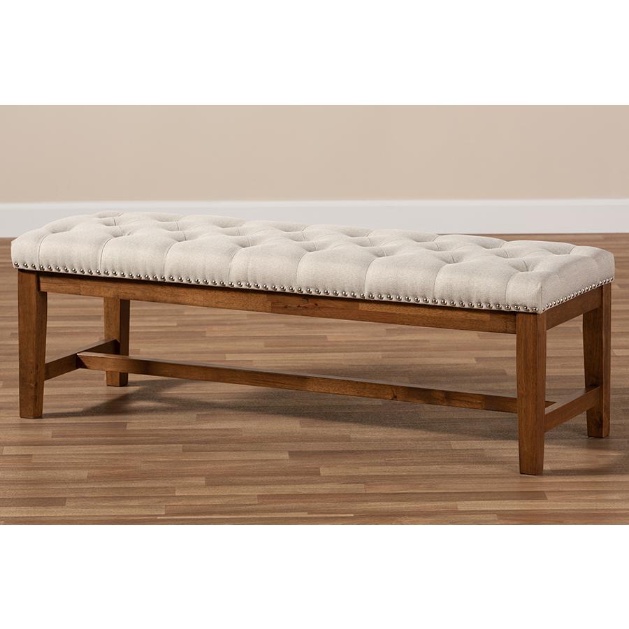 Ainsley Modern and Contemporary Light Beige Fabric Upholstered Walnut Finished Solid Rubberwood Bench. Picture 8