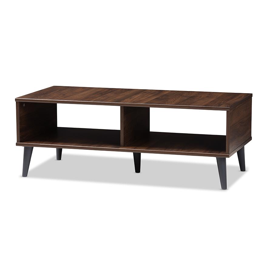 Pierre Mid-Century Modern Brown and Dark Grey Finished Wood Coffee Table. Picture 1