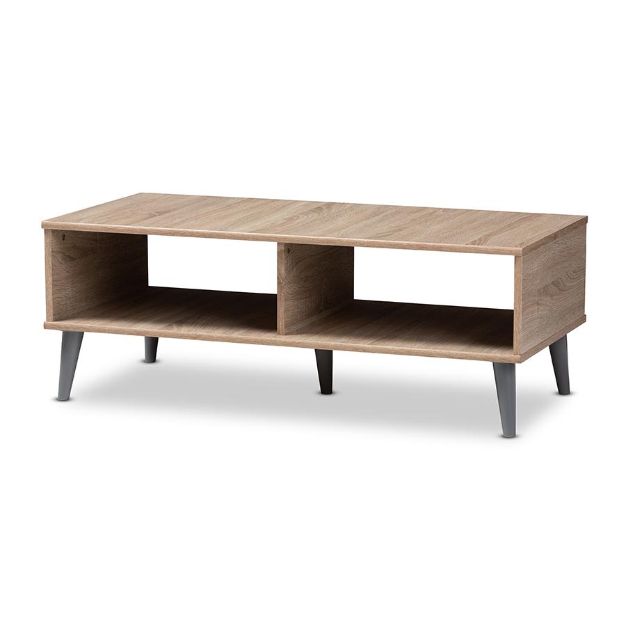 Pierre Mid-Century Modern Oak and Light Grey Finished Wood Coffee Table. Picture 3