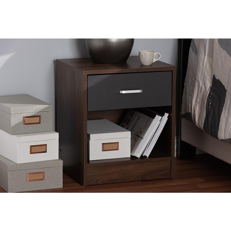 Hansel Modern and Contemporary 1-Drawer Dark Brown and Dark Grey Finished Nightstand. Picture 2