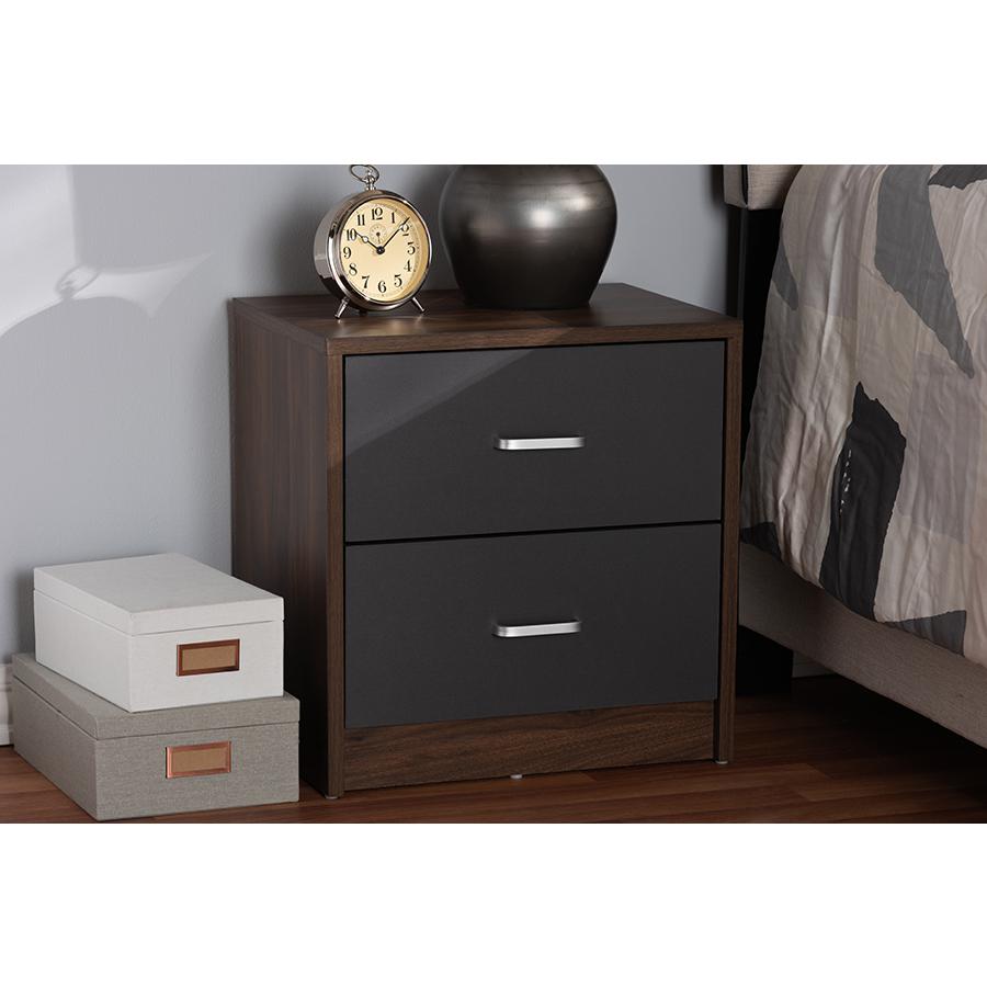 Hansel Modern and Contemporary 2-Drawer Dark Brown and Dark Grey Finished Nightstand. Picture 2