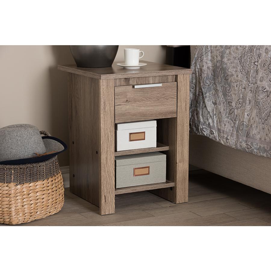 Laverne Modern and Contemporary Oak Brown Finished 1-Drawer Nightstand. Picture 7