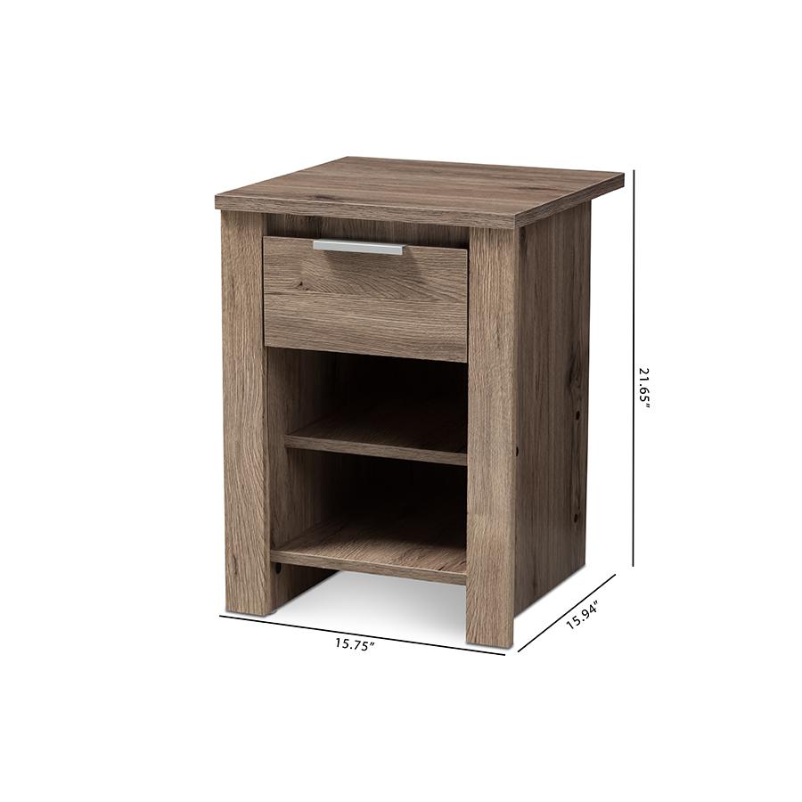 Laverne Modern and Contemporary Oak Brown Finished 1-Drawer Nightstand. Picture 9