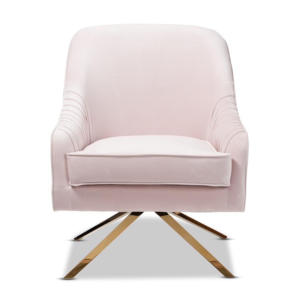 Amaya Luxe and Glamour Light Pink Velvet Fabric Upholstered Gold Finished Base Lounge Chair. Picture 4