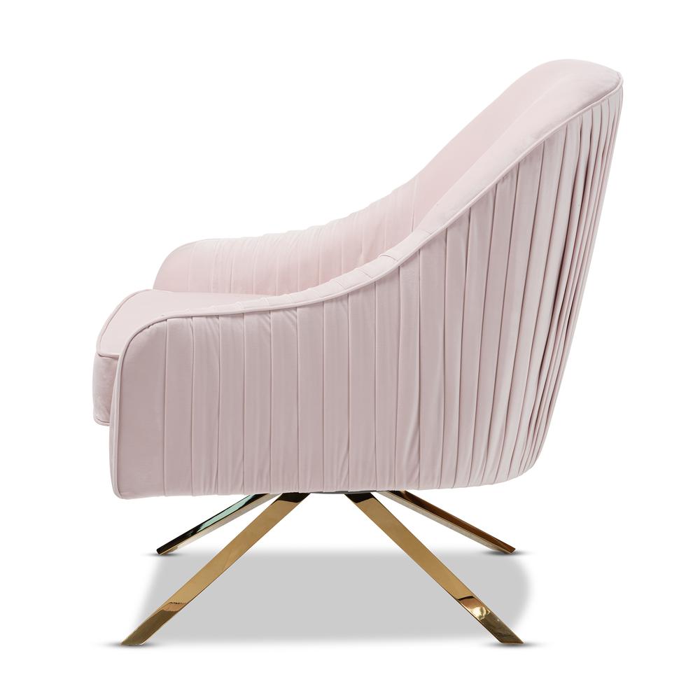 Amaya Luxe and Glamour Light Pink Velvet Fabric Upholstered Gold Finished Base Lounge Chair. Picture 1