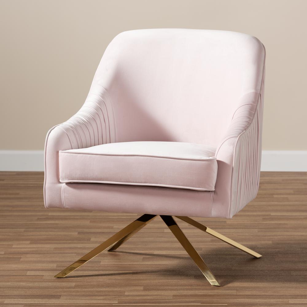 Amaya Luxe and Glamour Light Pink Velvet Fabric Upholstered Gold Finished Base Lounge Chair. Picture 9