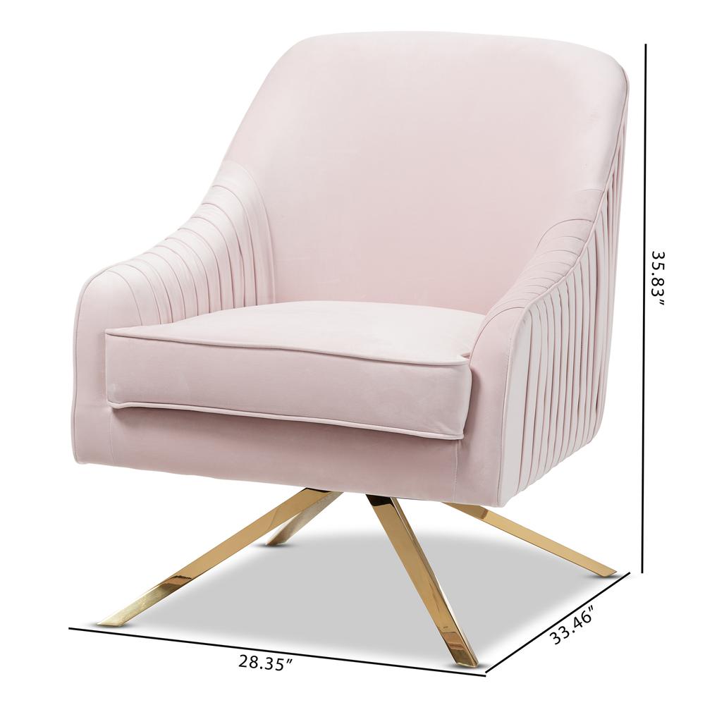 Amaya Luxe and Glamour Light Pink Velvet Fabric Upholstered Gold Finished Base Lounge Chair. Picture 10