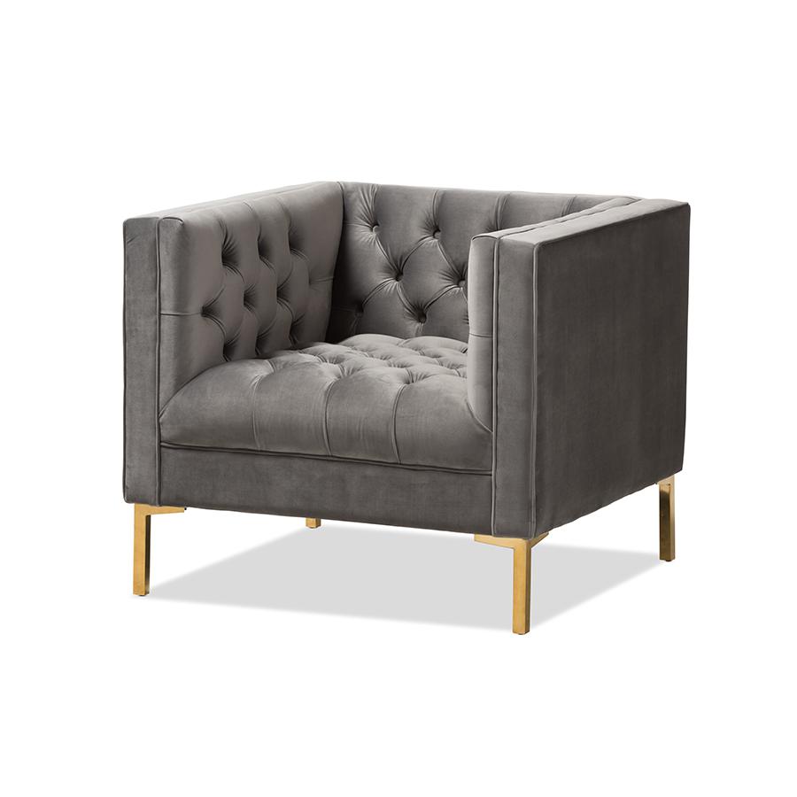 Zanetta Luxe and Glamour Grey Velvet Upholstered Gold Finished Lounge Chair. Picture 2