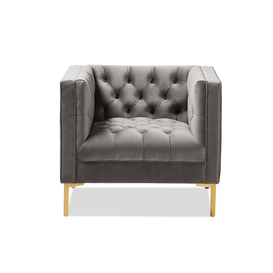 Zanetta Luxe and Glamour Grey Velvet Upholstered Gold Finished Lounge Chair. The main picture.