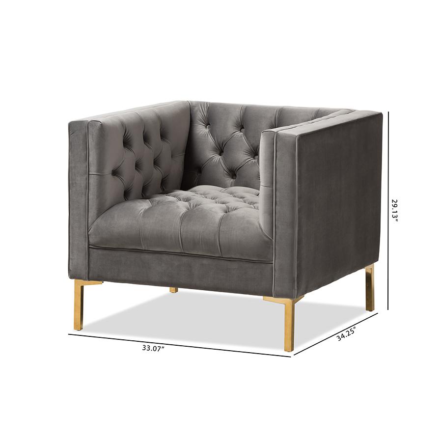 Zanetta Luxe and Glamour Grey Velvet Upholstered Gold Finished Lounge Chair. Picture 9