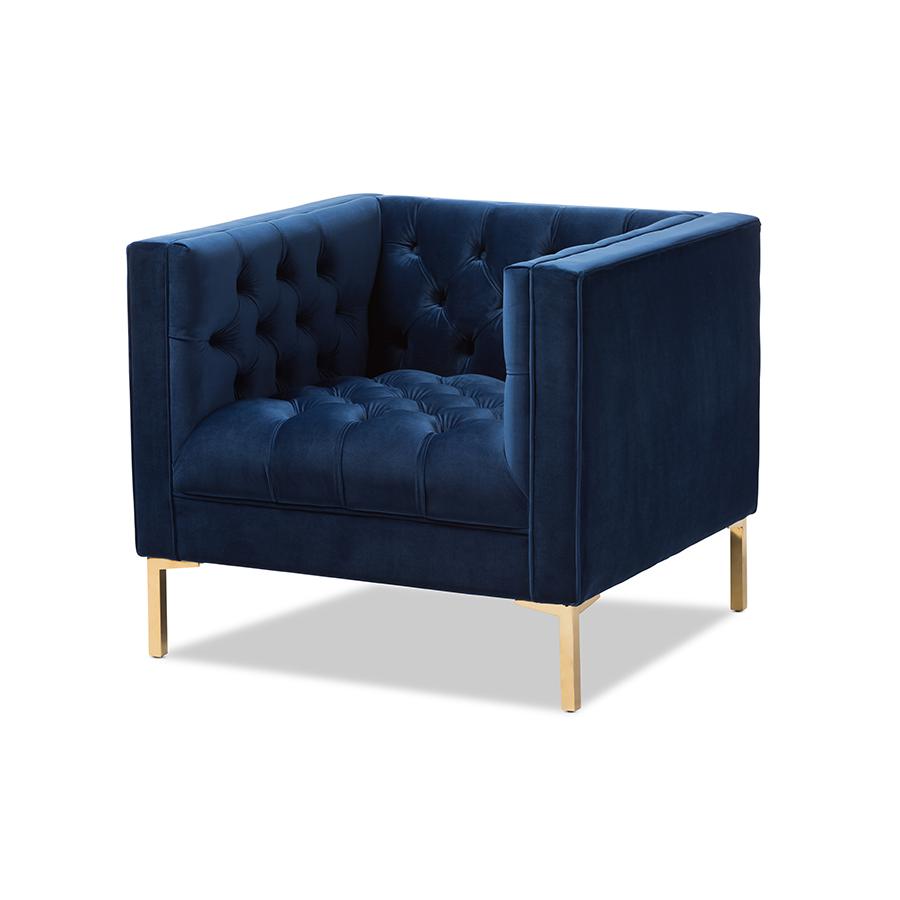 Zanetta Luxe and Glamour Navy Velvet Upholstered Gold Finished Lounge Chair. Picture 2
