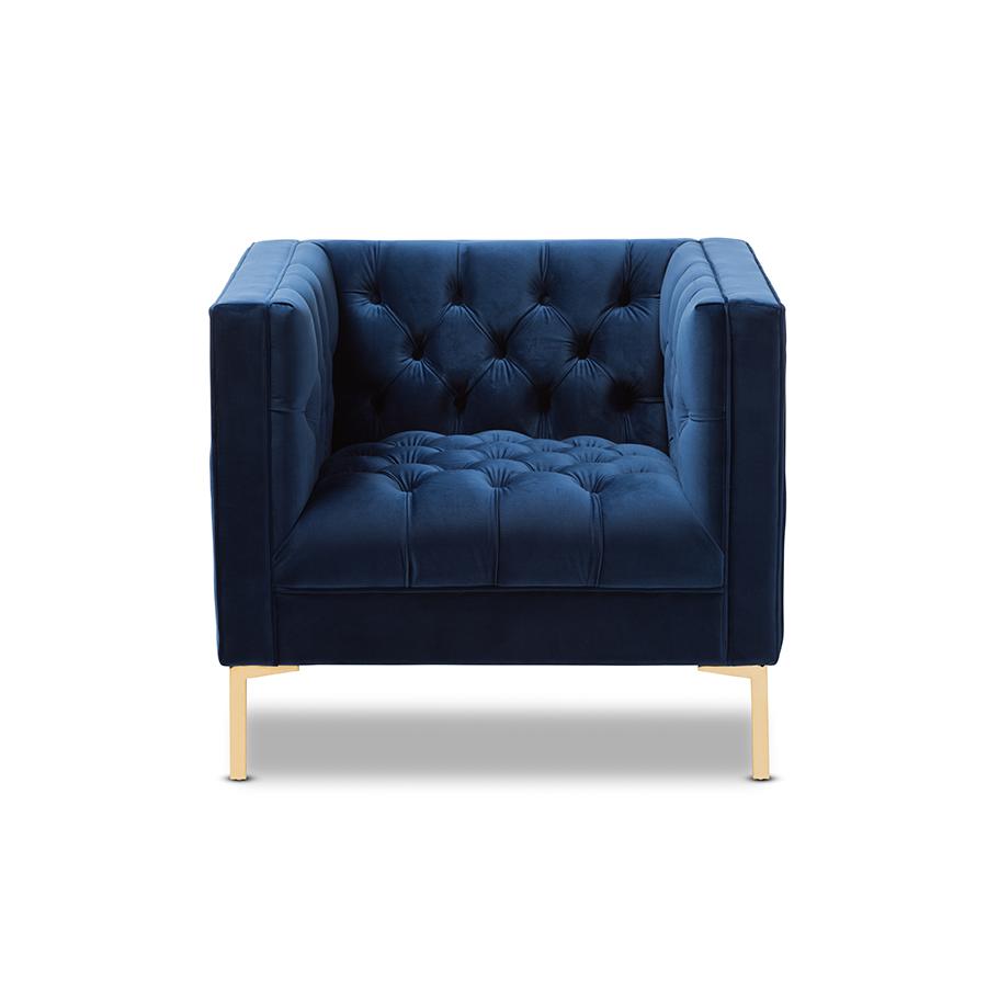 Zanetta Luxe and Glamour Navy Velvet Upholstered Gold Finished Lounge Chair. Picture 1