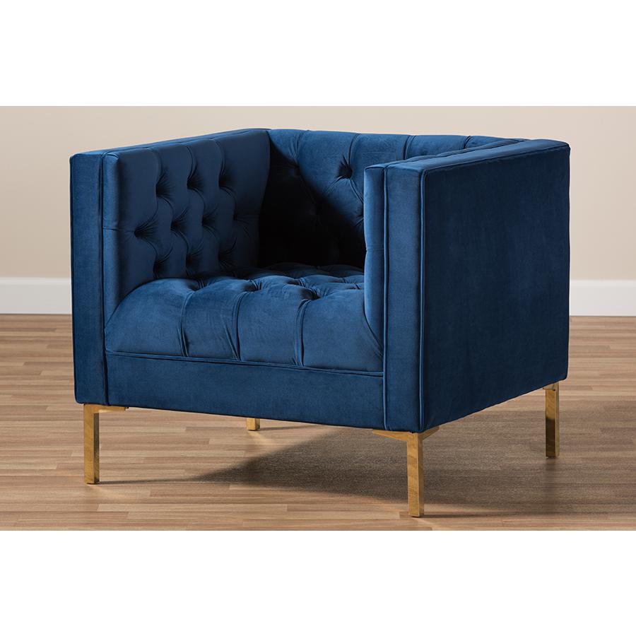 Zanetta Luxe and Glamour Navy Velvet Upholstered Gold Finished Lounge Chair. Picture 7