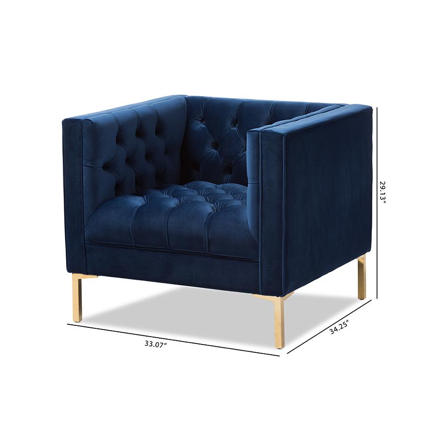 Zanetta Luxe and Glamour Navy Velvet Upholstered Gold Finished Lounge Chair. Picture 8