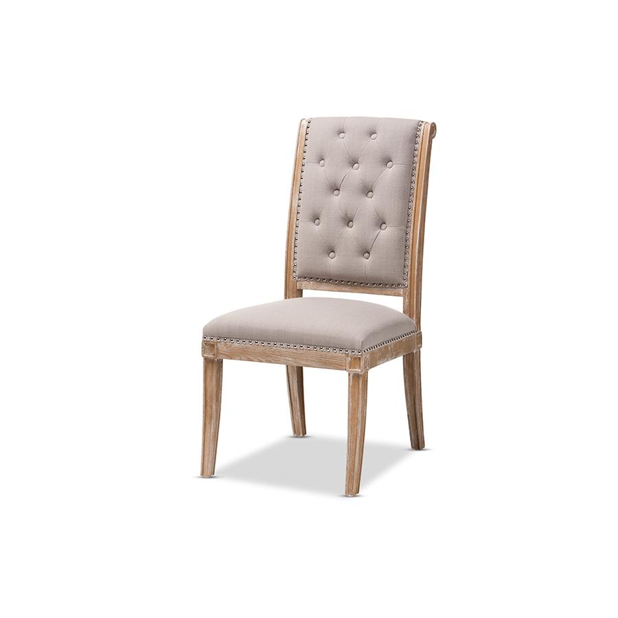 Beige Fabric Upholstered Weathered Oak Finished Wood Dining Chair. Picture 1
