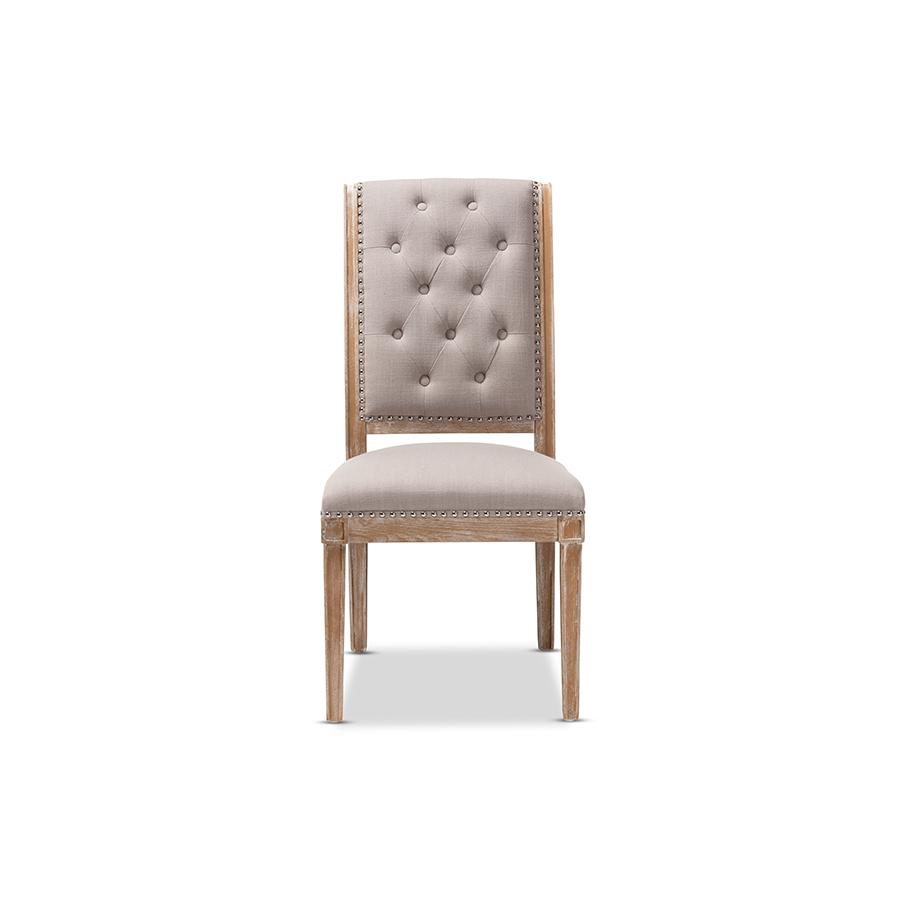 Charmant French Provincial Beige Fabric Upholstered Weathered Oak Finished Wood Dining Chair. Picture 4