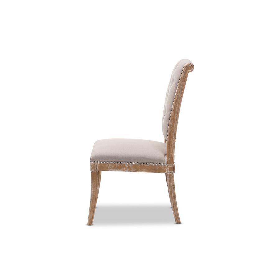 Charmant French Provincial Beige Fabric Upholstered Weathered Oak Finished Wood Dining Chair. Picture 1