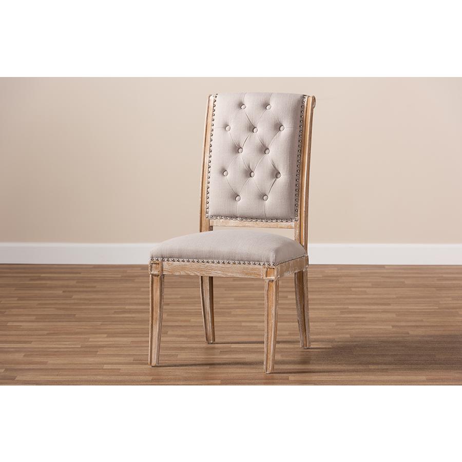 Charmant French Provincial Beige Fabric Upholstered Weathered Oak Finished Wood Dining Chair. Picture 9