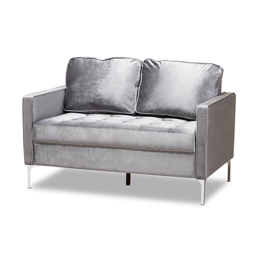Clara Modern and Contemporary Grey Velvet Fabric Upholstered 2-Seater Loveseat. Picture 1