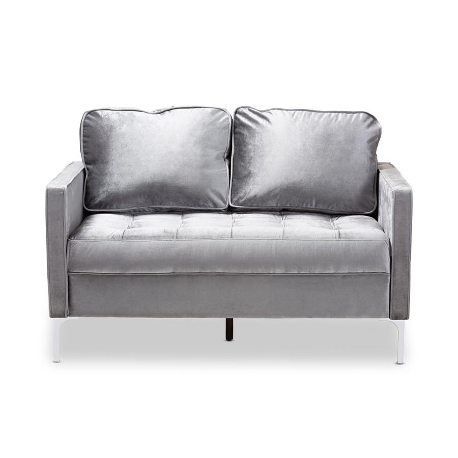 Clara Modern and Contemporary Grey Velvet Fabric Upholstered 2-Seater Loveseat. Picture 3