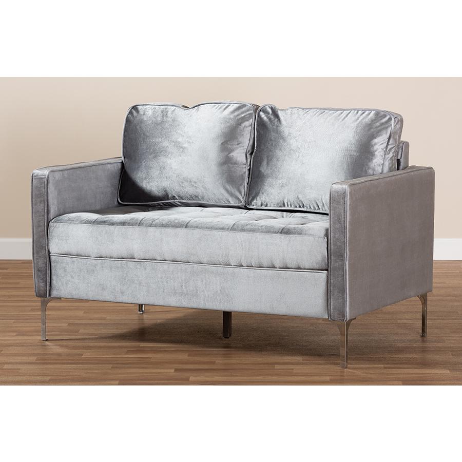 Clara Modern and Contemporary Grey Velvet Fabric Upholstered 2-Seater Loveseat. Picture 7
