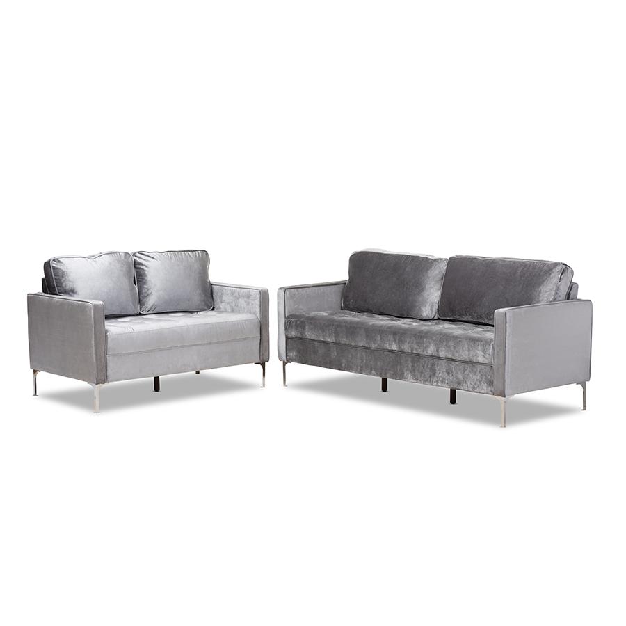 Grey Velvet Fabric Upholstered 2-Piece Living Room Set. Picture 1