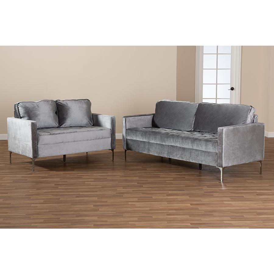 Grey Velvet Fabric Upholstered 2-Piece Living Room Set. Picture 4