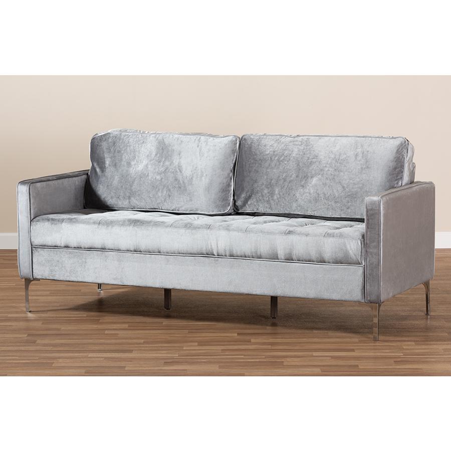Clara Modern and Contemporary Grey Velvet Fabric Upholstered 3-Seater Sofa. Picture 7