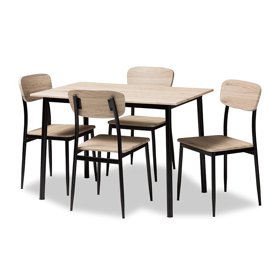 Honore Mid-Century Modern Light Brown Wood Finished Matte Black Frame 5-Piece Dining Set. Picture 2