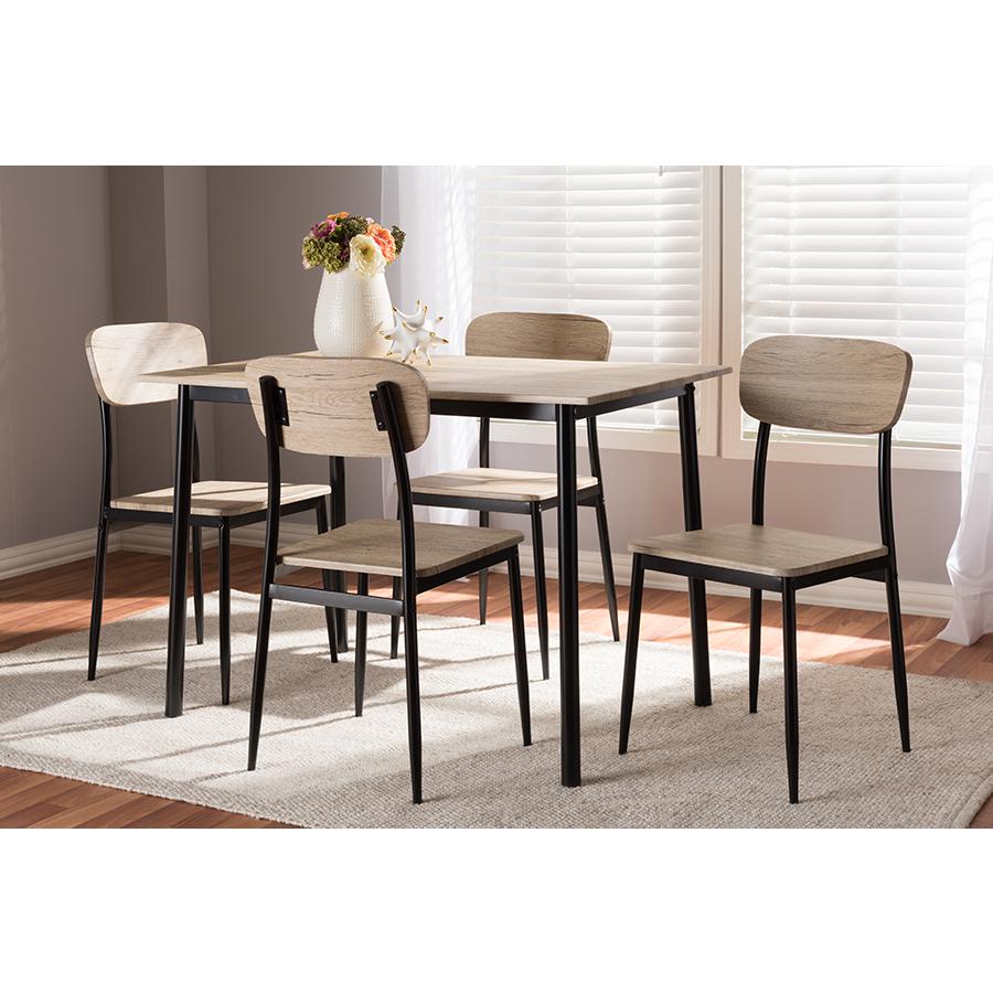 Honore Mid-Century Modern Light Brown Wood Finished Matte Black Frame 5-Piece Dining Set. Picture 5