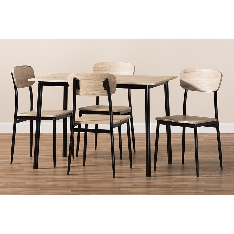 Honore Mid-Century Modern Light Brown Wood Finished Matte Black Frame 5-Piece Dining Set. Picture 6