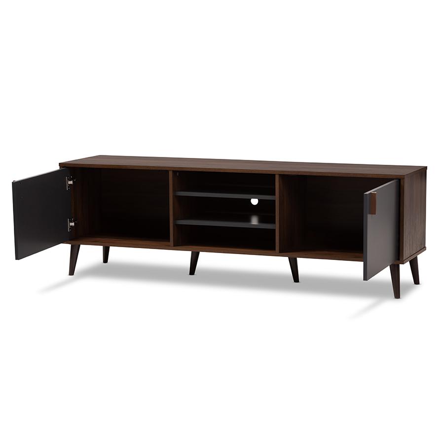 Samuel Mid-Century Modern Brown and Dark Grey Finished TV Stand. Picture 4