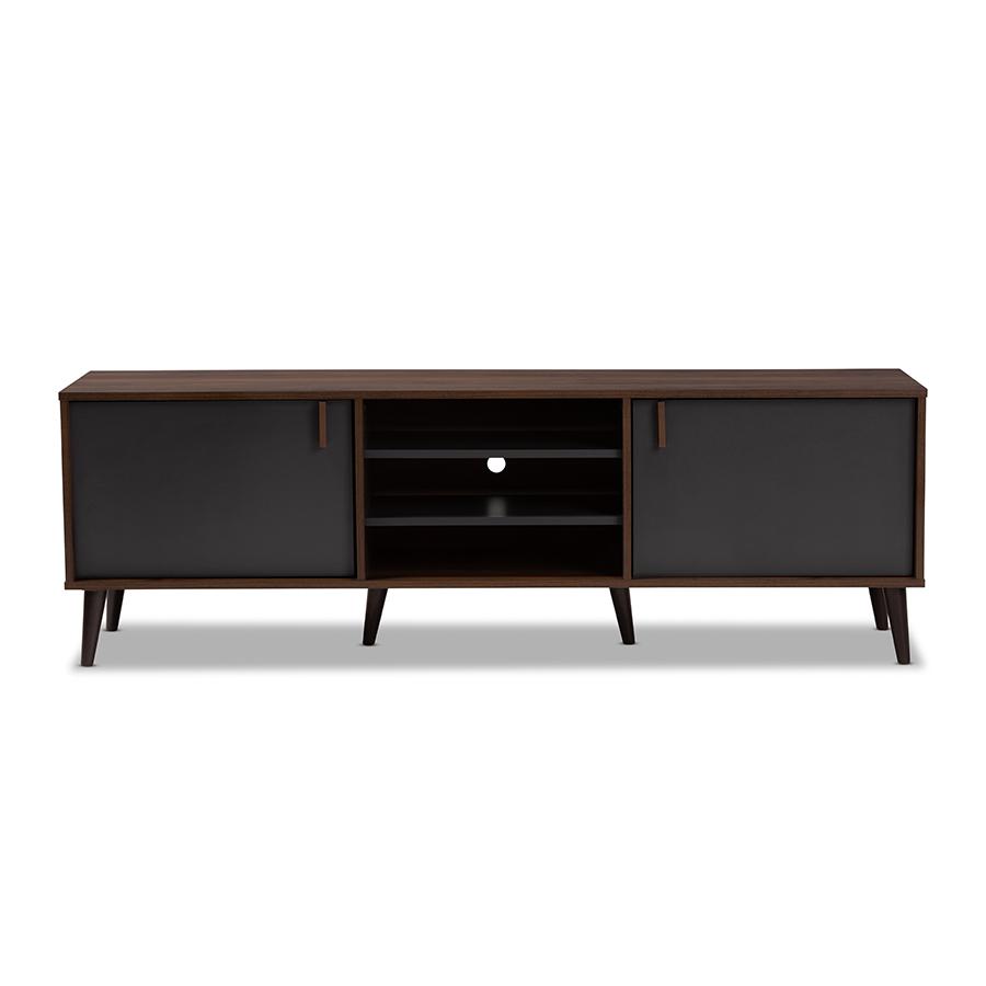 Samuel Mid-Century Modern Brown and Dark Grey Finished TV Stand. Picture 1