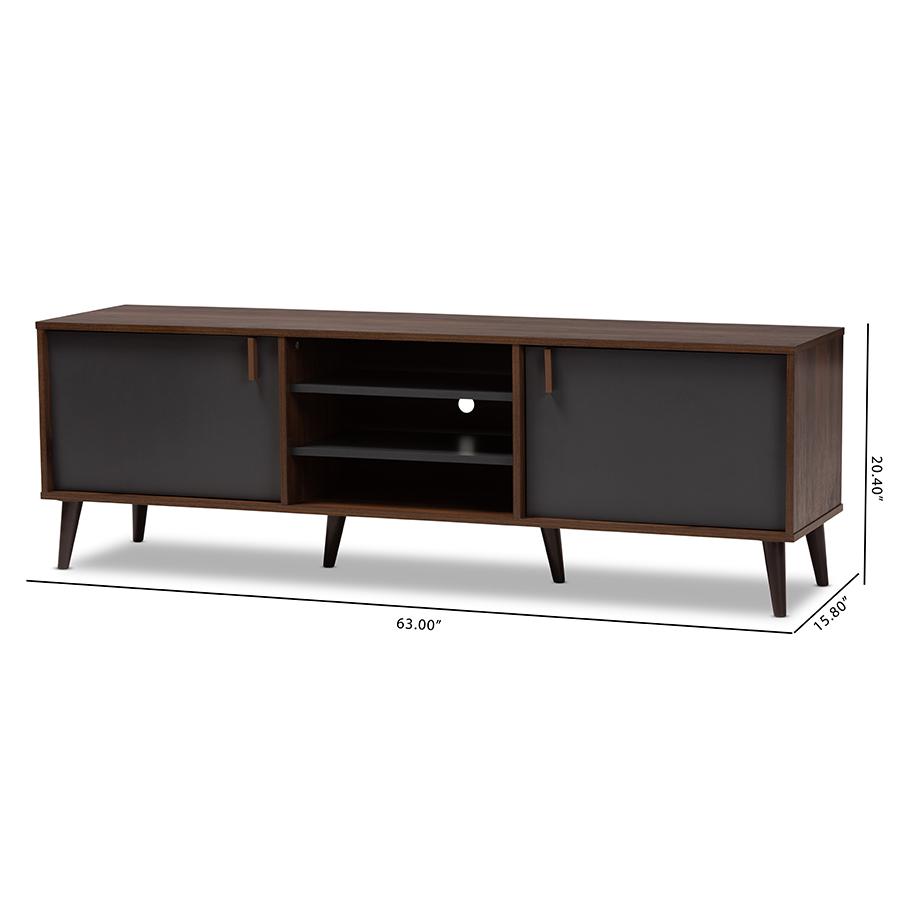 Samuel Mid-Century Modern Brown and Dark Grey Finished TV Stand. Picture 10