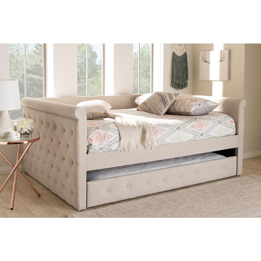 Alena Modern and Contemporary Light Beige Fabric Upholstered Full Size Daybed with Trundle. Picture 9