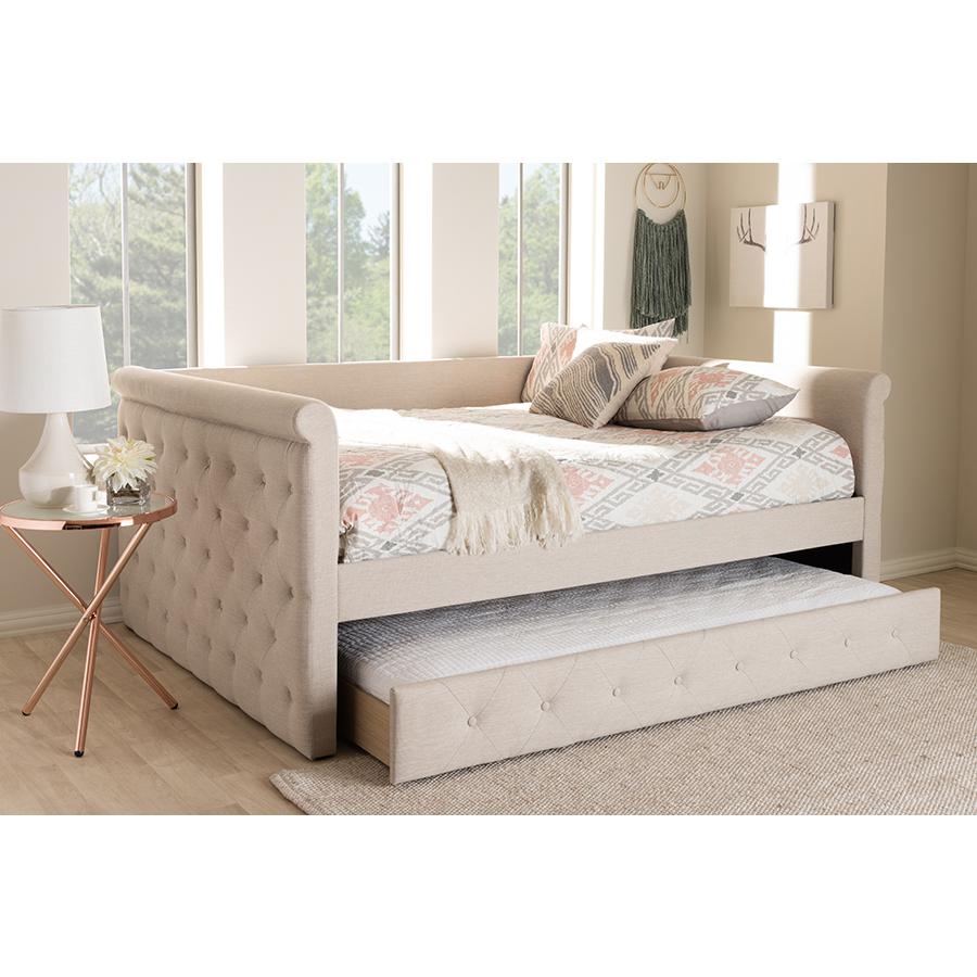 Alena Modern and Contemporary Light Beige Fabric Upholstered Full Size Daybed with Trundle. Picture 2