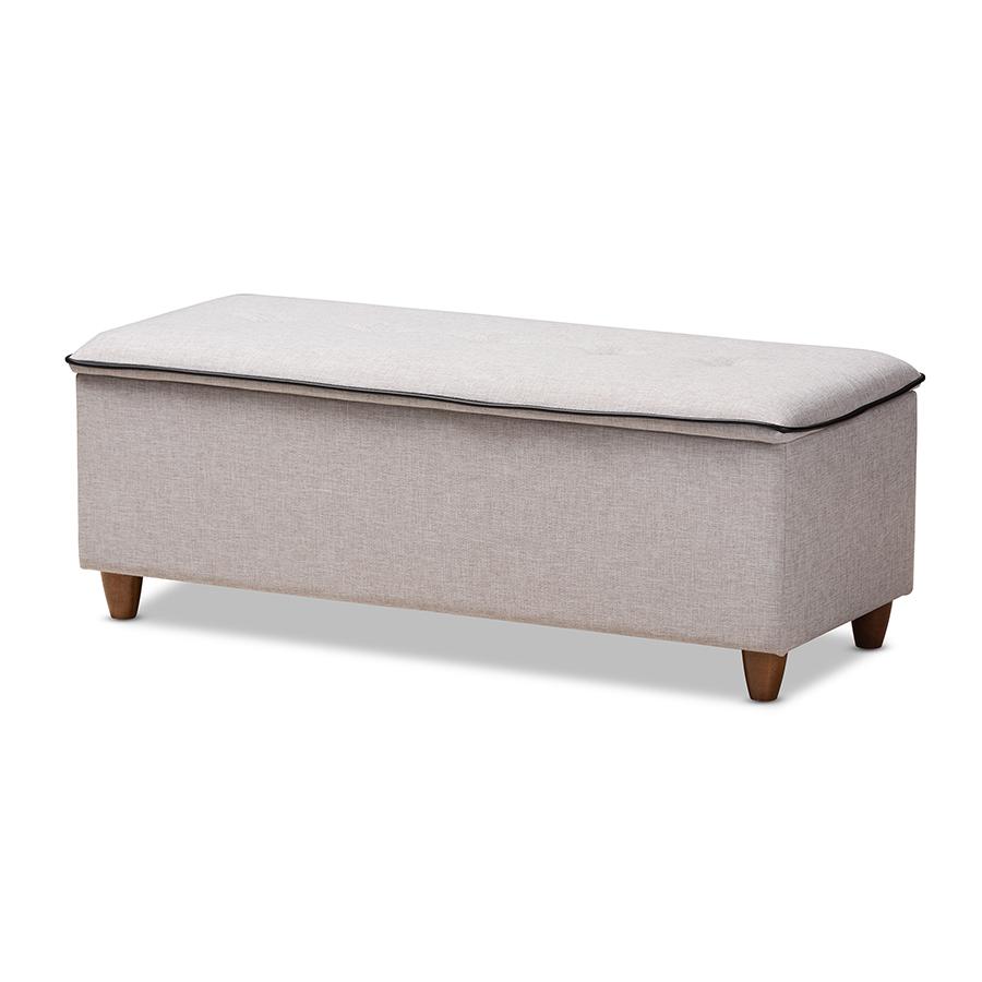 Marlisa Mid-Century Modern Walnut Finished Wood and Greyish Beige Fabric Upholstered Button Tufted Storage Ottoman Bench. Picture 1
