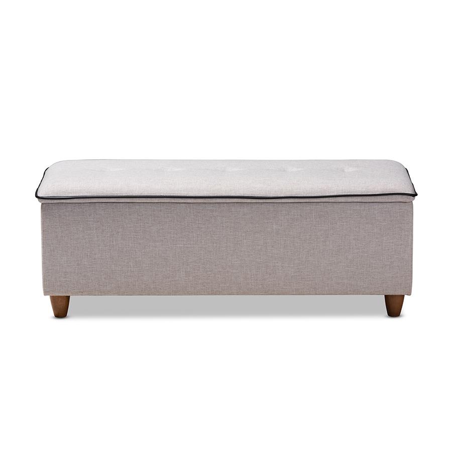 Marlisa Mid-Century Modern Walnut Finished Wood and Greyish Beige Fabric Upholstered Button Tufted Storage Ottoman Bench. Picture 4