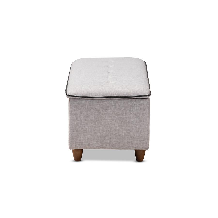Marlisa Mid-Century Modern Walnut Finished Wood and Greyish Beige Fabric Upholstered Button Tufted Storage Ottoman Bench. Picture 5