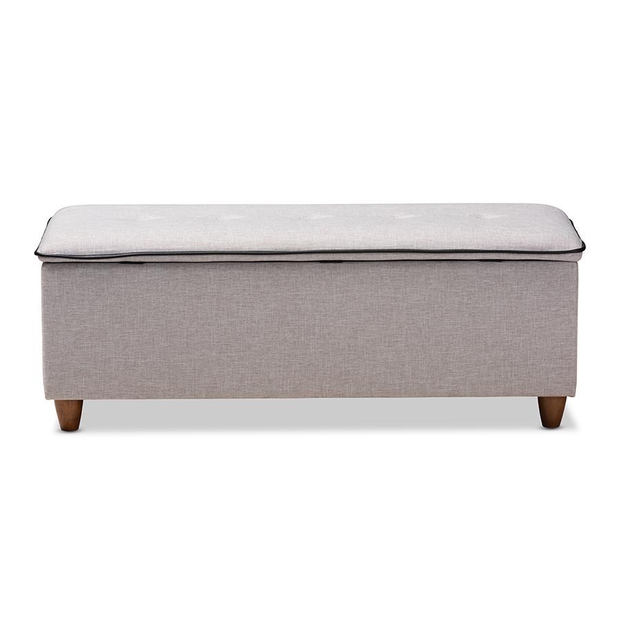 Marlisa Mid-Century Modern Walnut Finished Wood and Greyish Beige Fabric Upholstered Button Tufted Storage Ottoman Bench. Picture 6