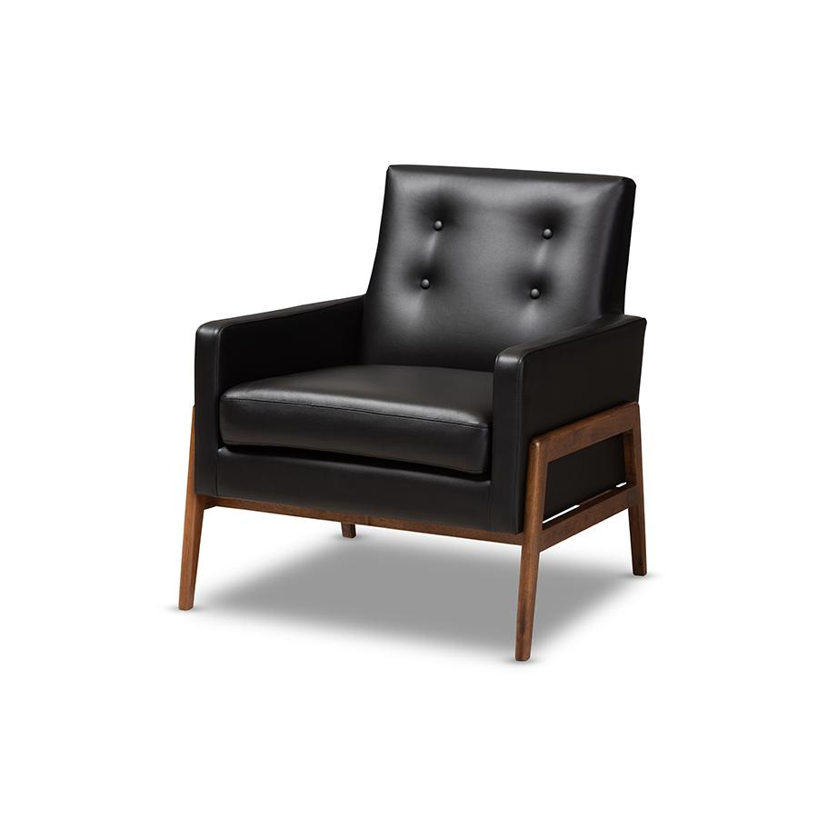 Perris Mid-Century Modern Black Faux Leather Upholstered Walnut Wood Lounge Chair. Picture 1