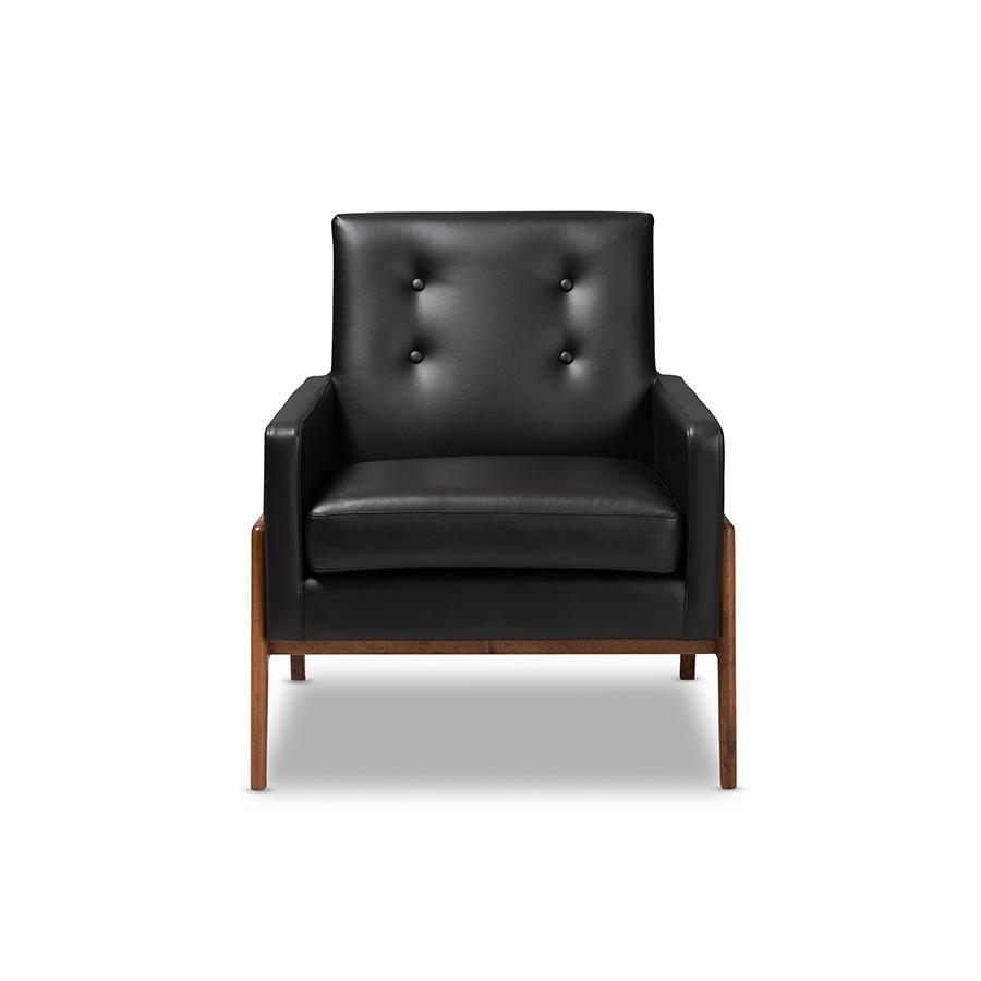 Perris Mid-Century Modern Black Faux Leather Upholstered Walnut Wood Lounge Chair. Picture 3