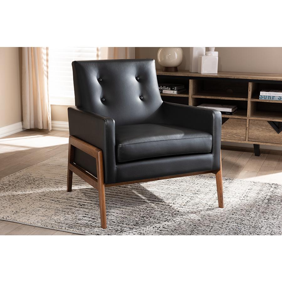 Perris Mid-Century Modern Black Faux Leather Upholstered Walnut Wood Lounge Chair. Picture 2
