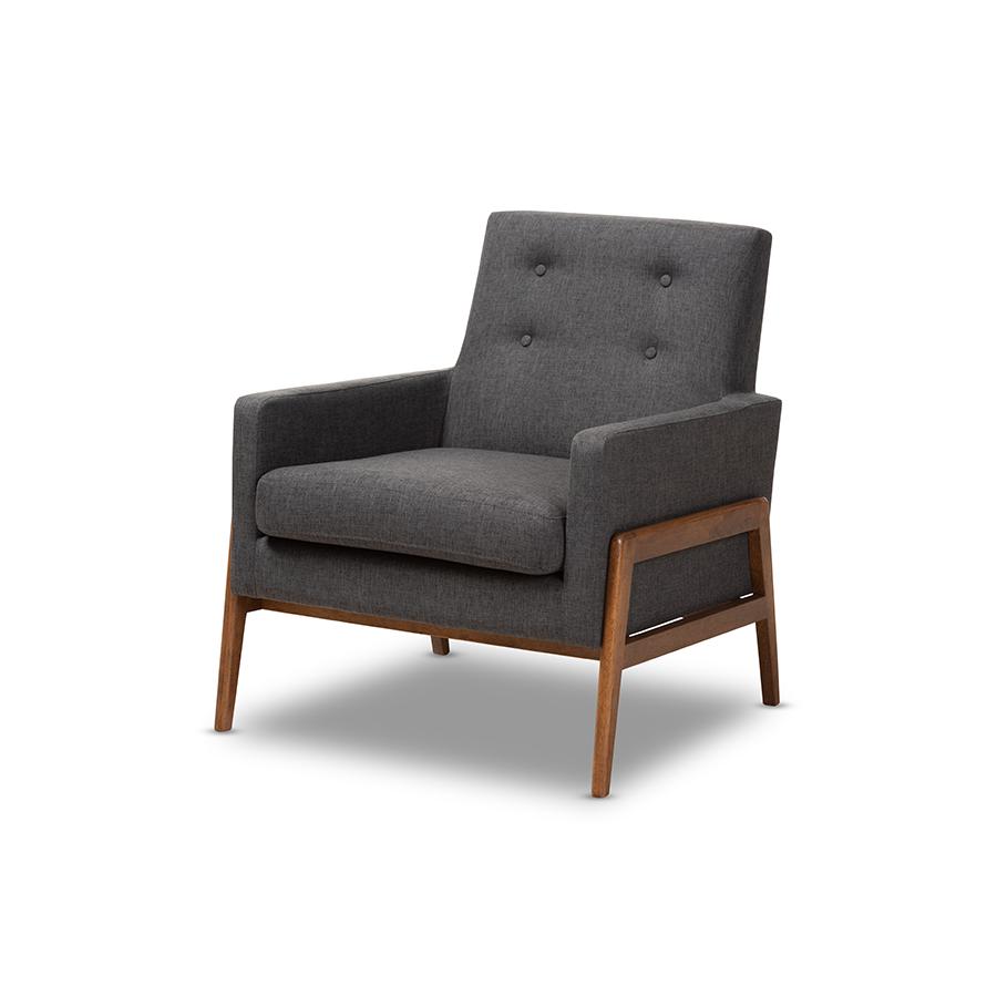 Perris Mid-Century Modern Dark Grey Fabric Upholstered Walnut Wood Lounge Chair. Picture 1