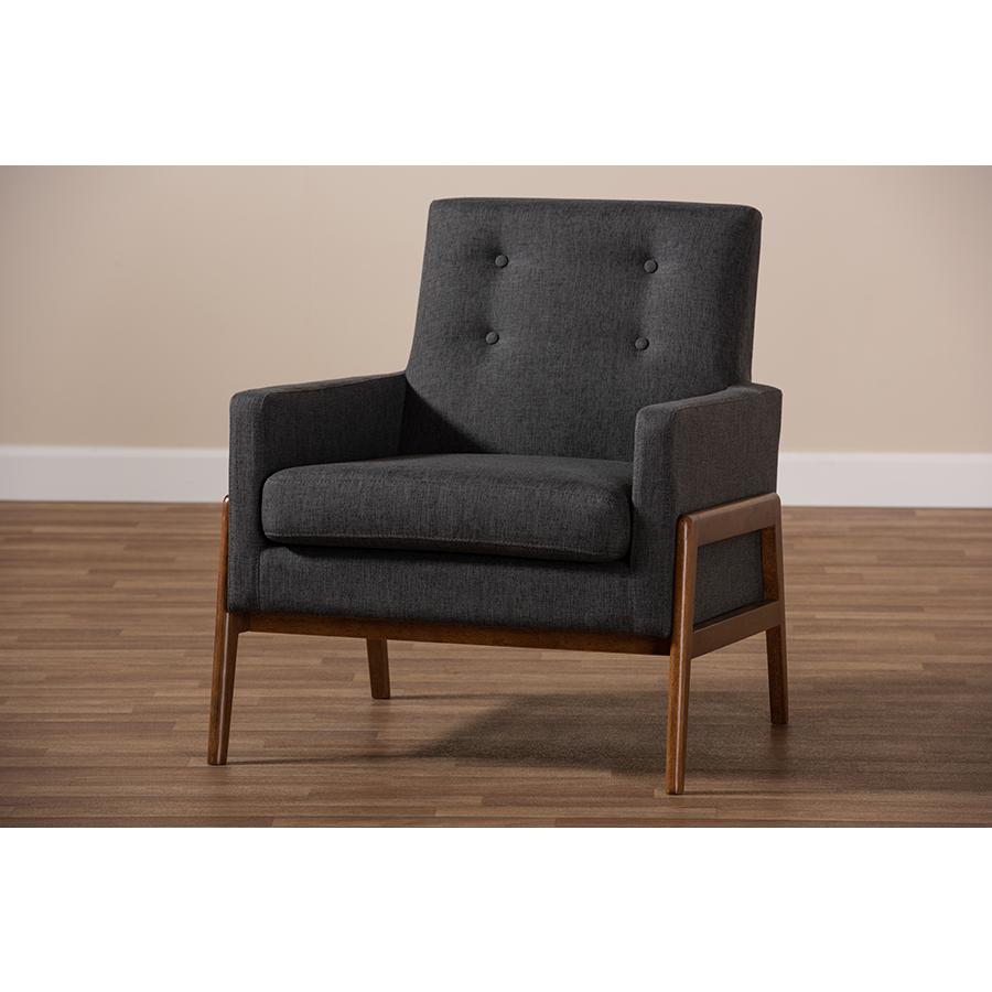 Perris Mid-Century Modern Dark Grey Fabric Upholstered Walnut Wood Lounge Chair. Picture 8