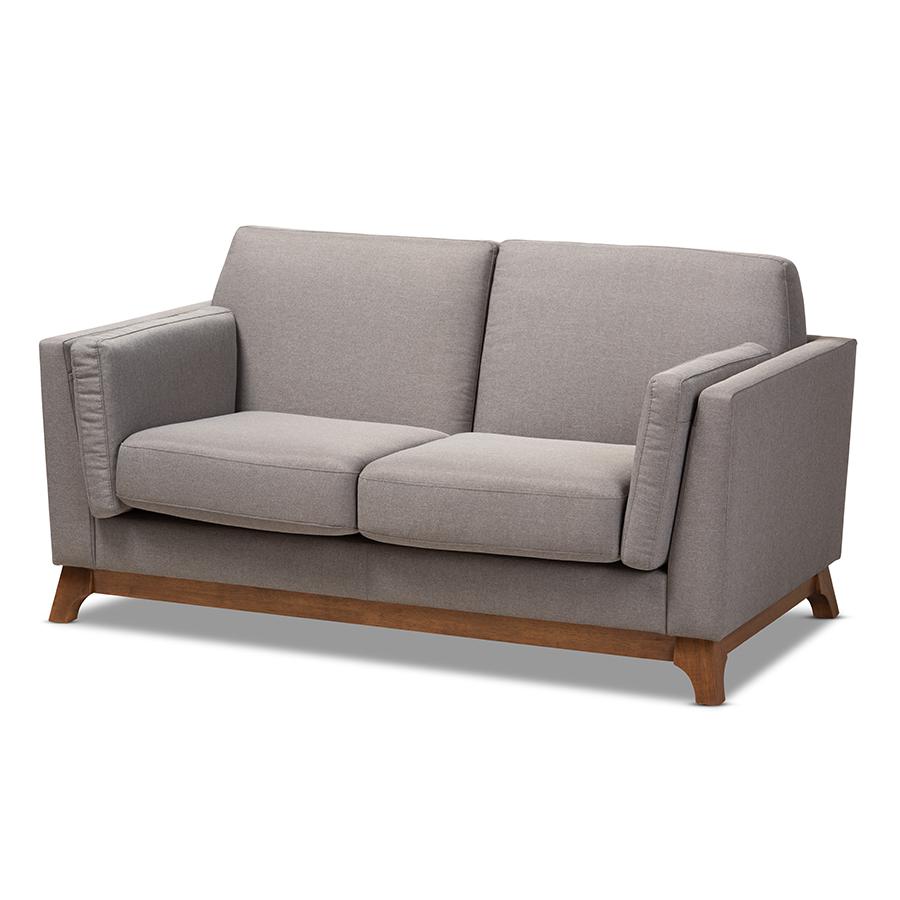 Sava Mid-Century Modern Grey Fabric Upholstered Walnut Wood 2-Seater Loveseat. The main picture.