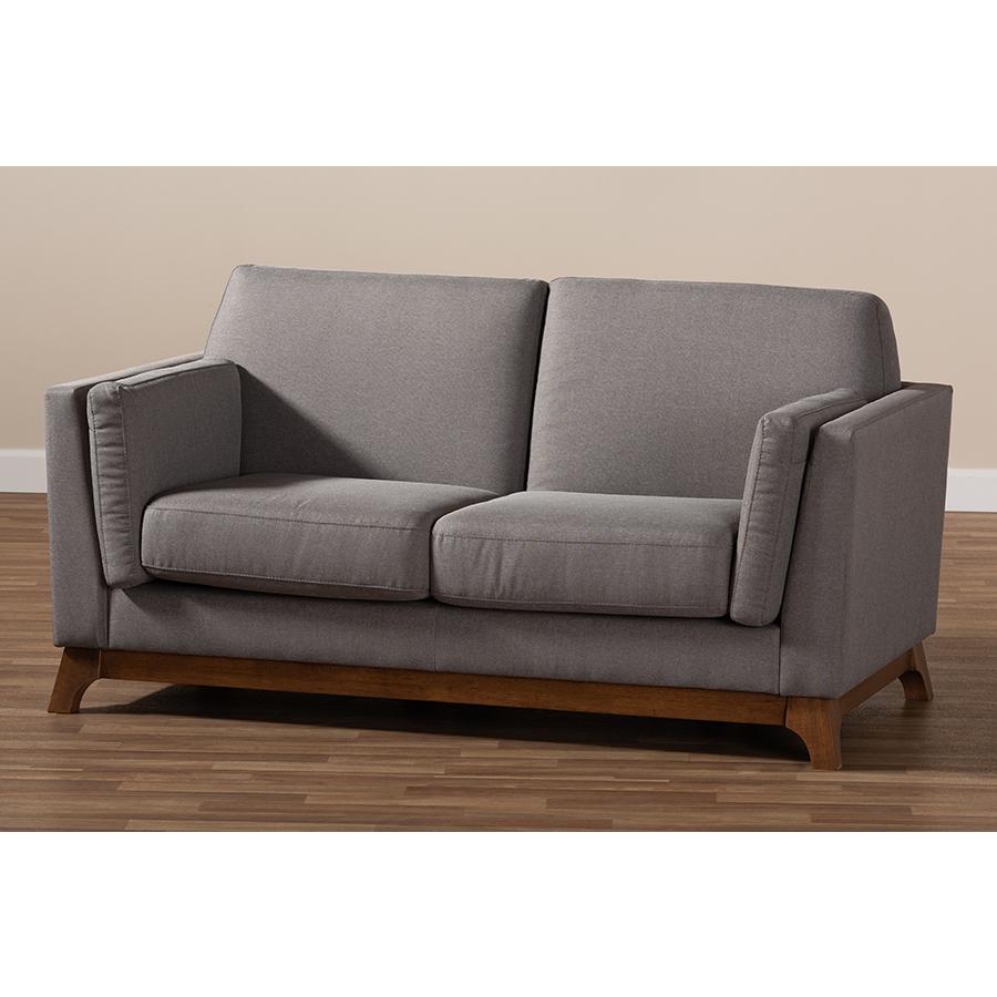Sava Mid-Century Modern Grey Fabric Upholstered Walnut Wood 2-Seater Loveseat. Picture 8