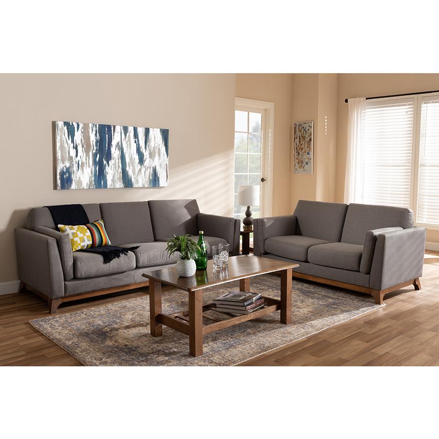 Sava Mid-Century Modern Grey Fabric Upholstered Walnut Wood 2-Piece Living Room Set. Picture 2